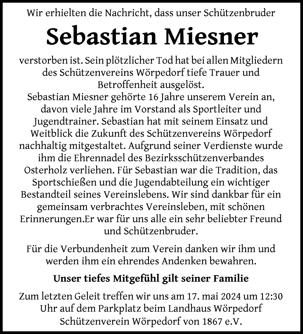 Traueranzeigen von Sebastian Miesner | Trauer & Gedenken