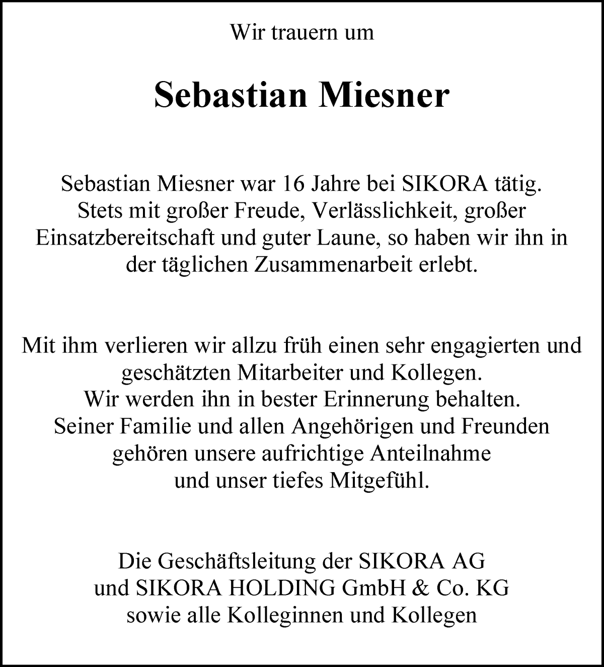 Traueranzeige von Sebastian Miesner von Wuemme Zeitung