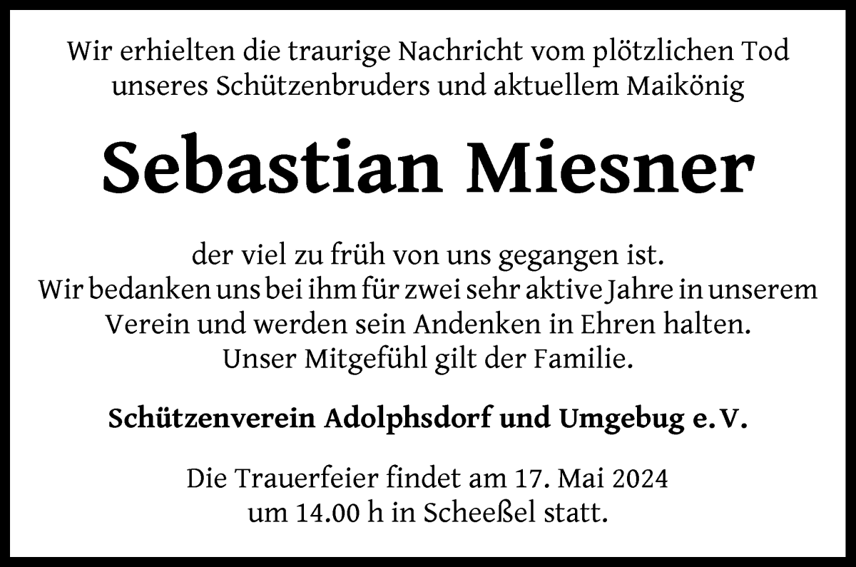 Traueranzeige von Sebastian Miesner von Wuemme Zeitung