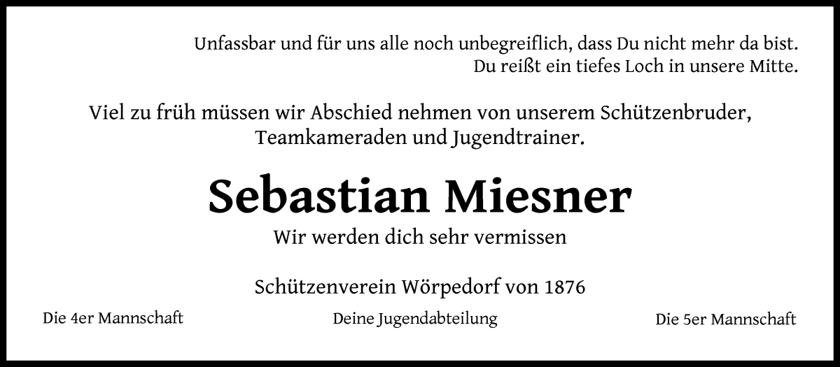 Traueranzeige von Sebastian Miesner von Wuemme Zeitung