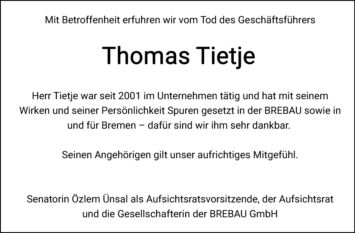 Traueranzeige von Thomas Tietje von WESER-KURIER