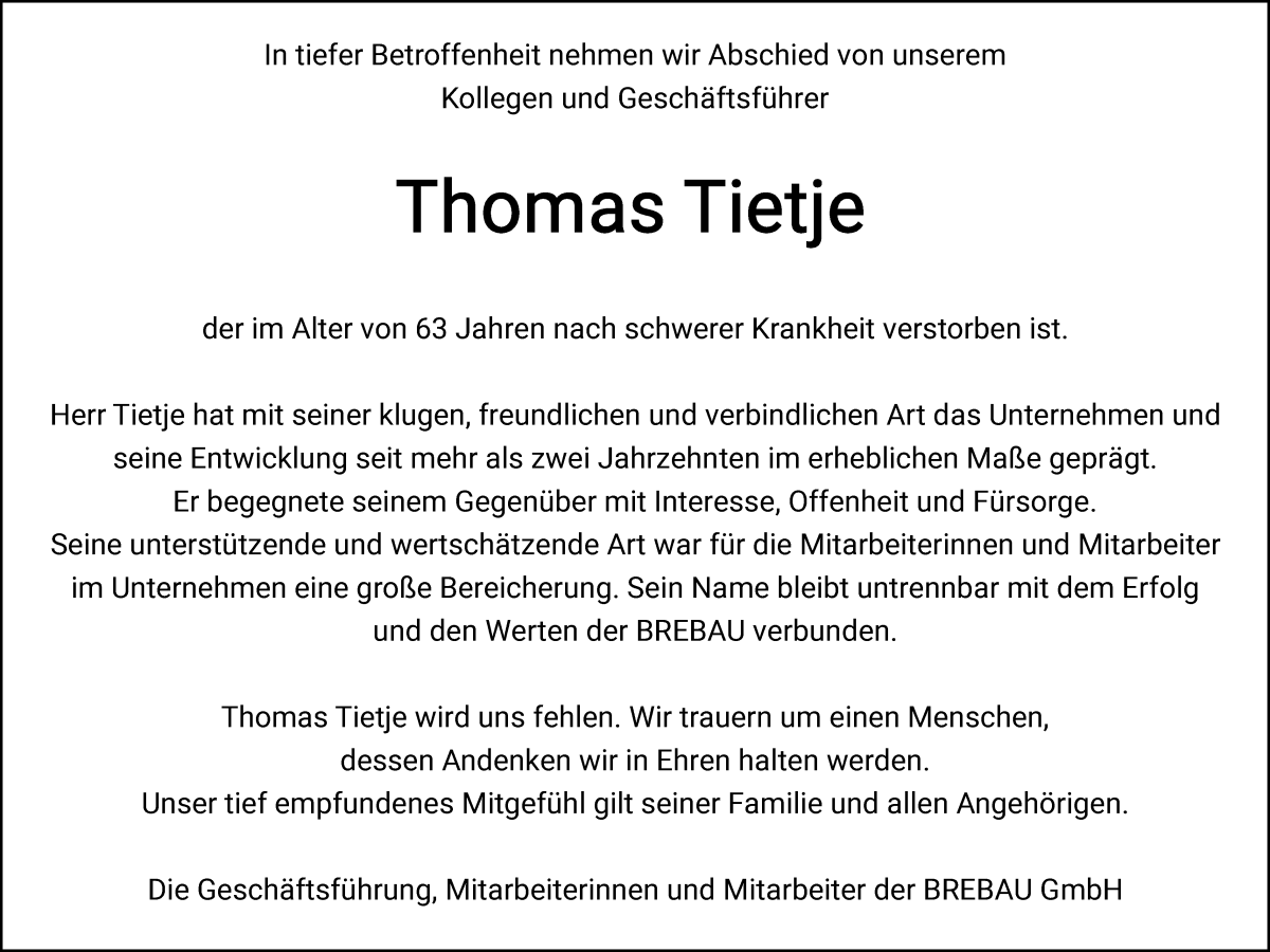 Traueranzeige von Thomas Tietje von WESER-KURIER