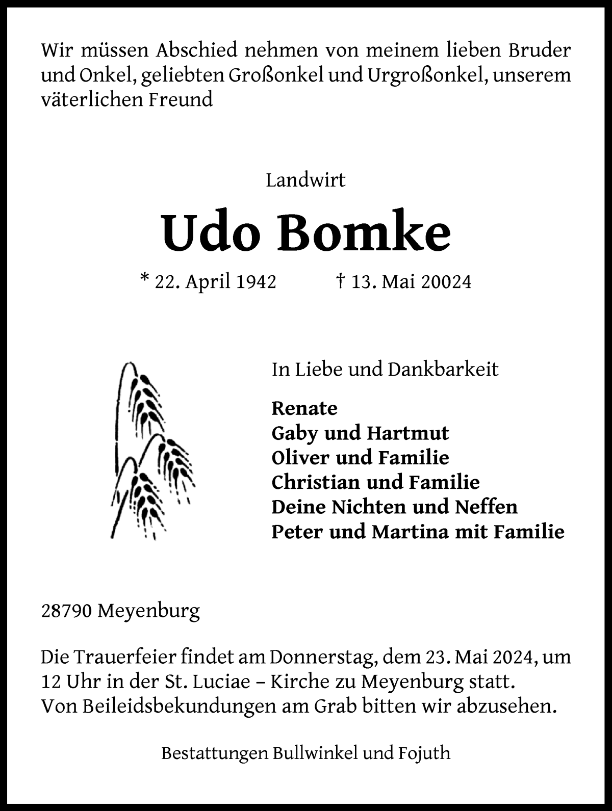 Traueranzeige von Udo Bomke von Die Norddeutsche