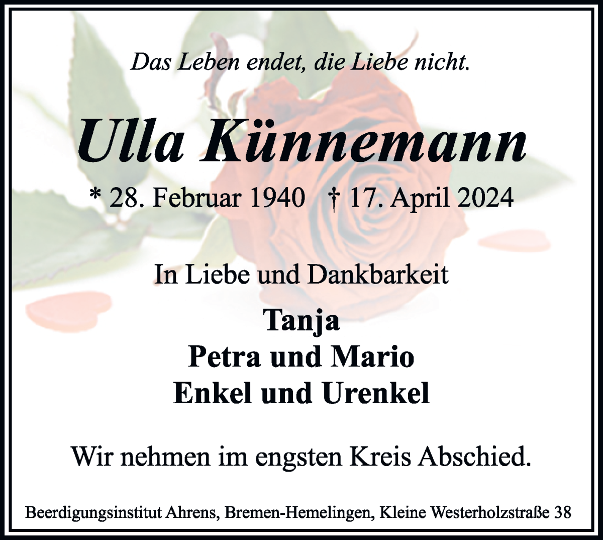  Traueranzeige für Ulla Künnemann vom 04.05.2024 aus WESER-KURIER