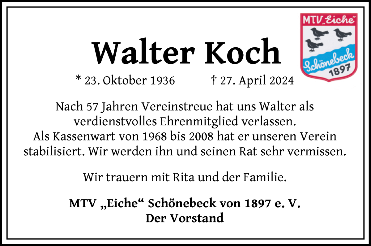 Traueranzeige von Walter Koch von Die Norddeutsche