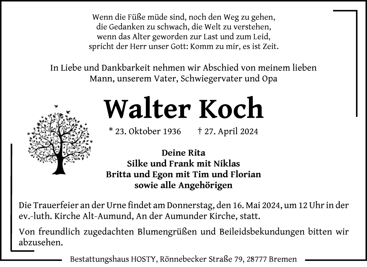 Traueranzeige von Walter Koch von Die Norddeutsche