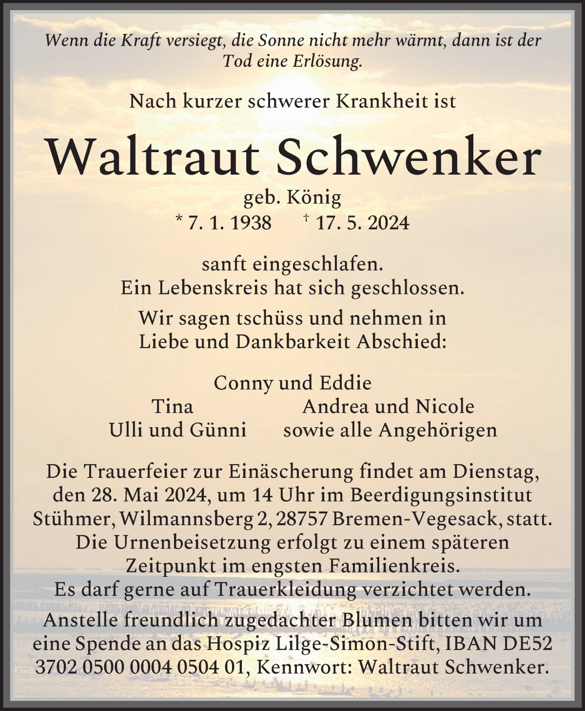 Traueranzeige von Waltraut Schwenker von WESER-KURIER