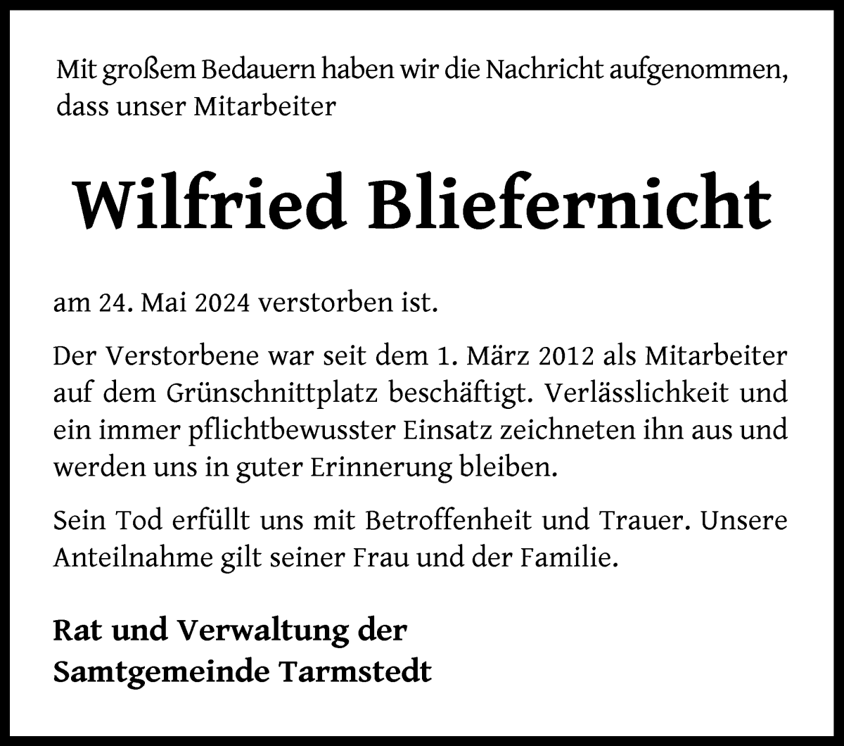 Traueranzeige von Wilfried Bliefernicht von Wuemme Zeitung