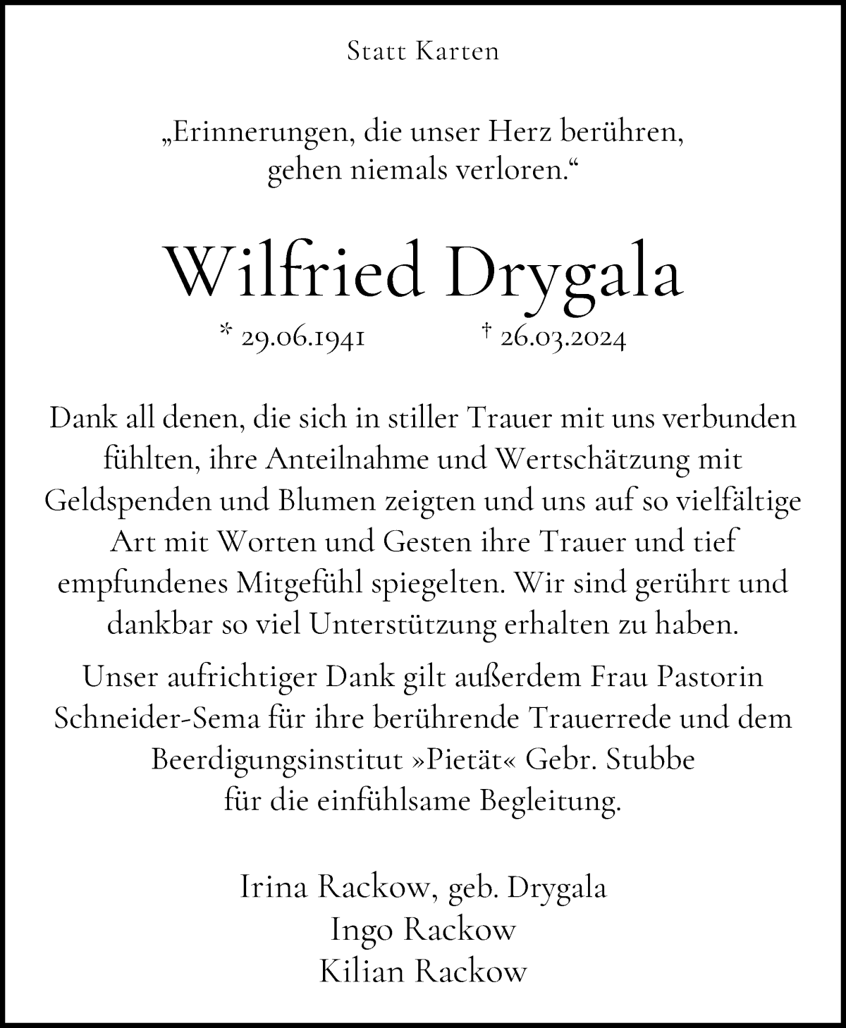 Traueranzeige von Wilfried Drygala von WESER-KURIER