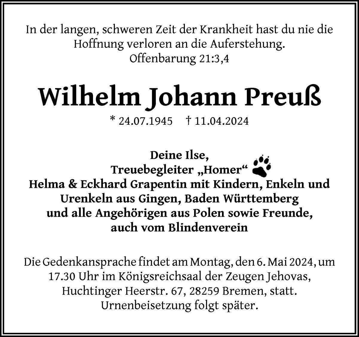 Traueranzeige von Wilhelm Johann Preuß von WESER-KURIER
