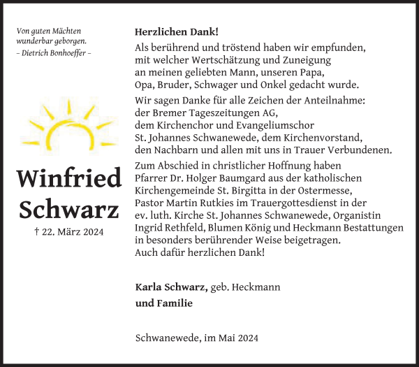 Traueranzeige von Winfried Schwarz