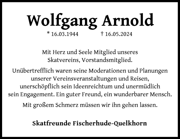 Traueranzeige von Wolfgang Arnold