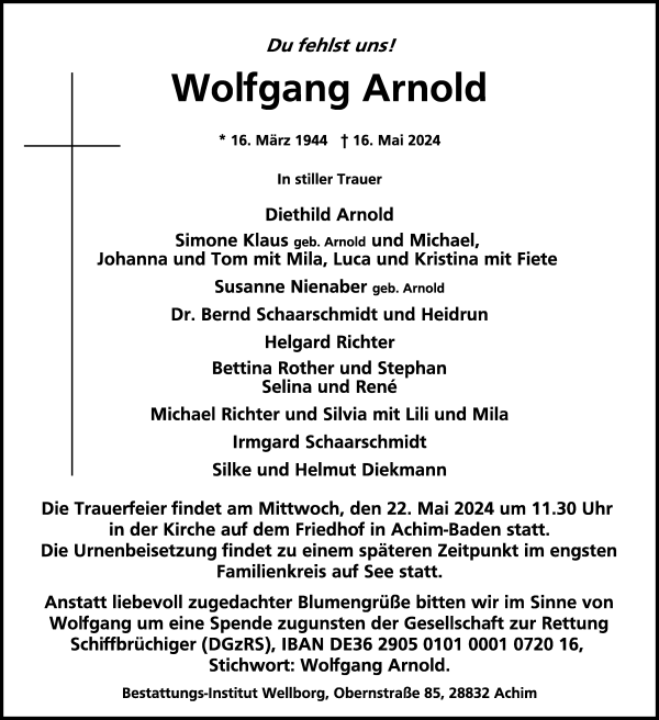 Traueranzeige von Wolfgang Arnold von Achimer Kurier/Verdener Nachrichten