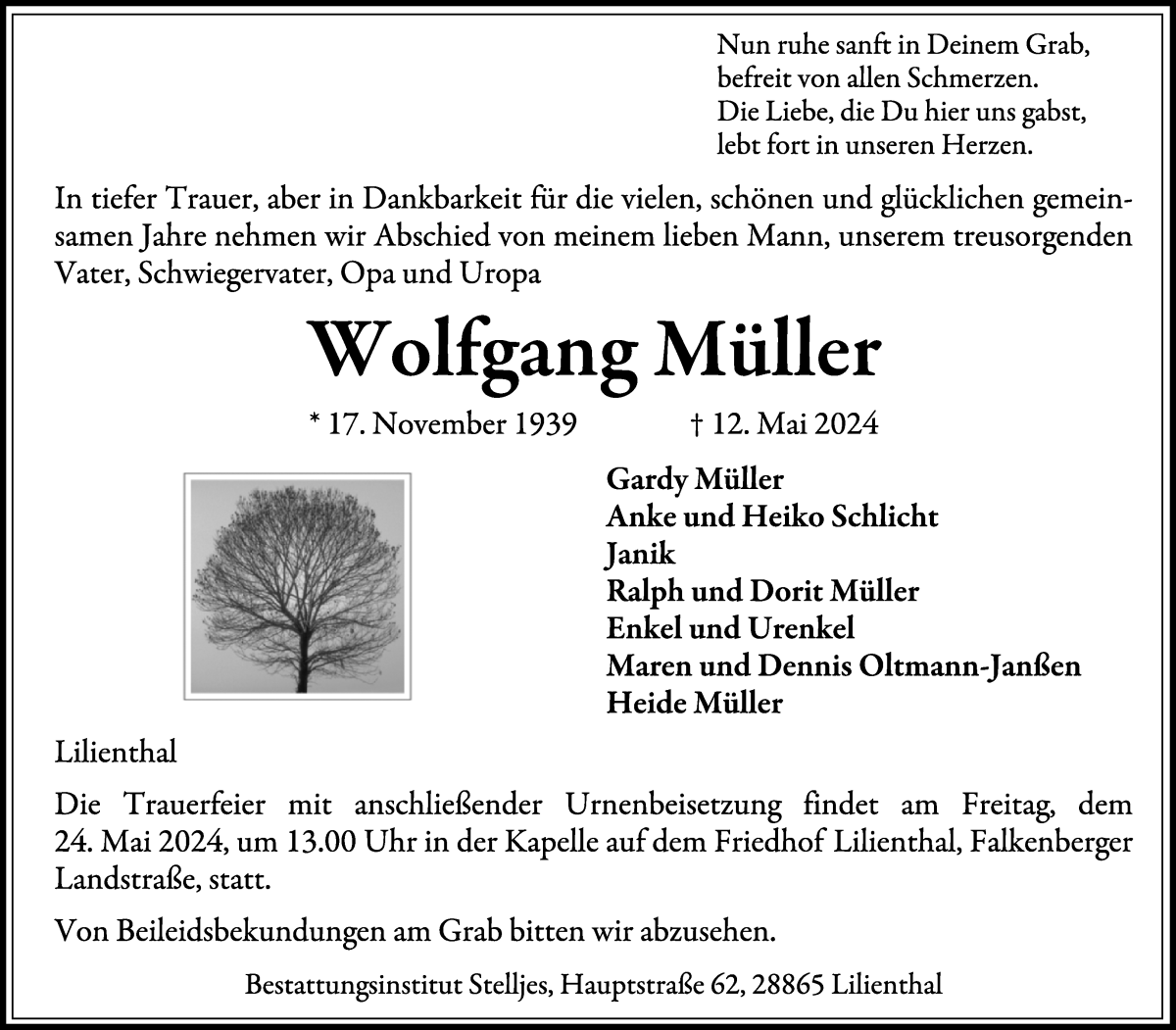 Traueranzeige von Wolfgang Müller von WESER-KURIER