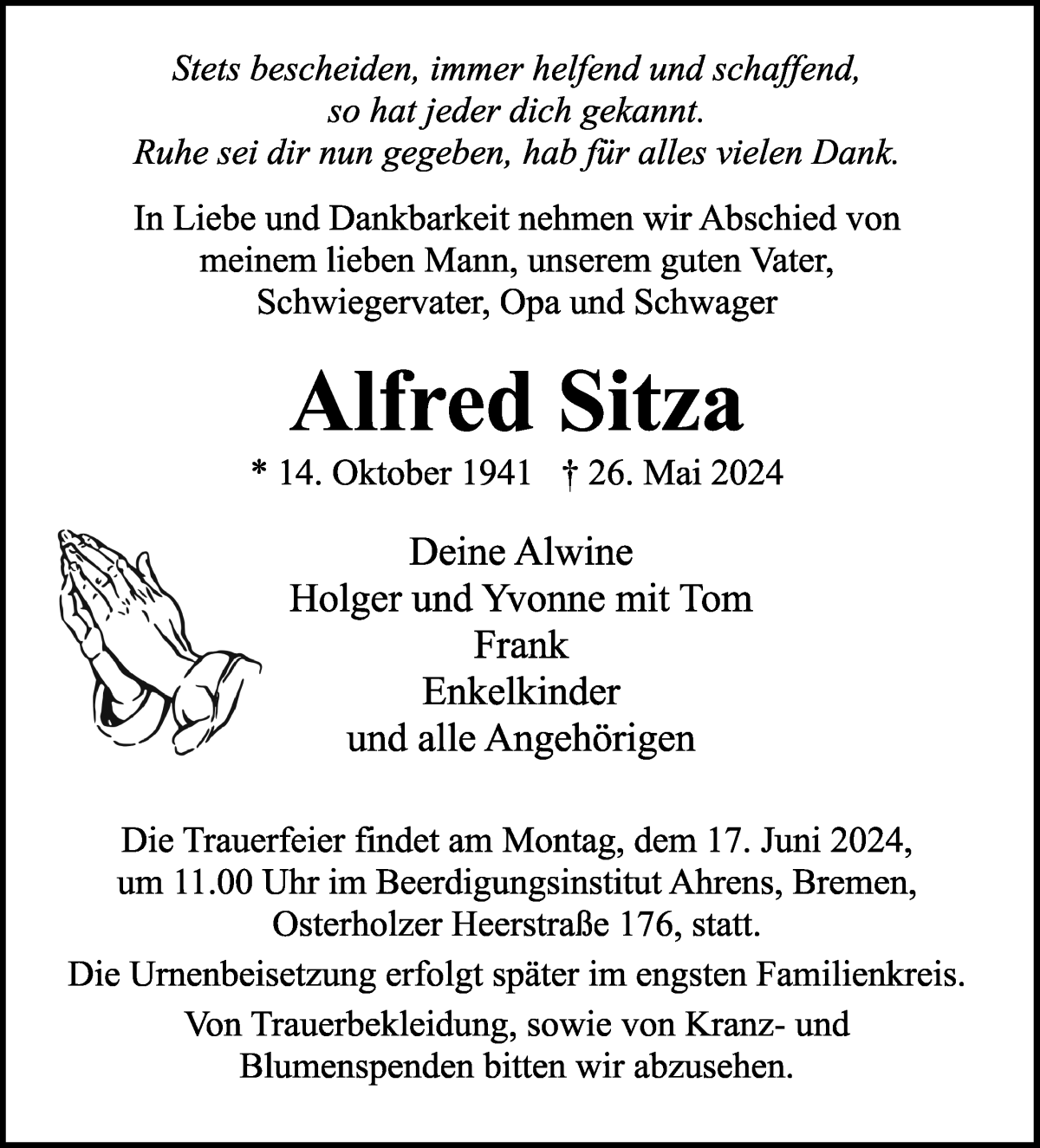 Traueranzeige von Alfred Sitza von WESER-KURIER