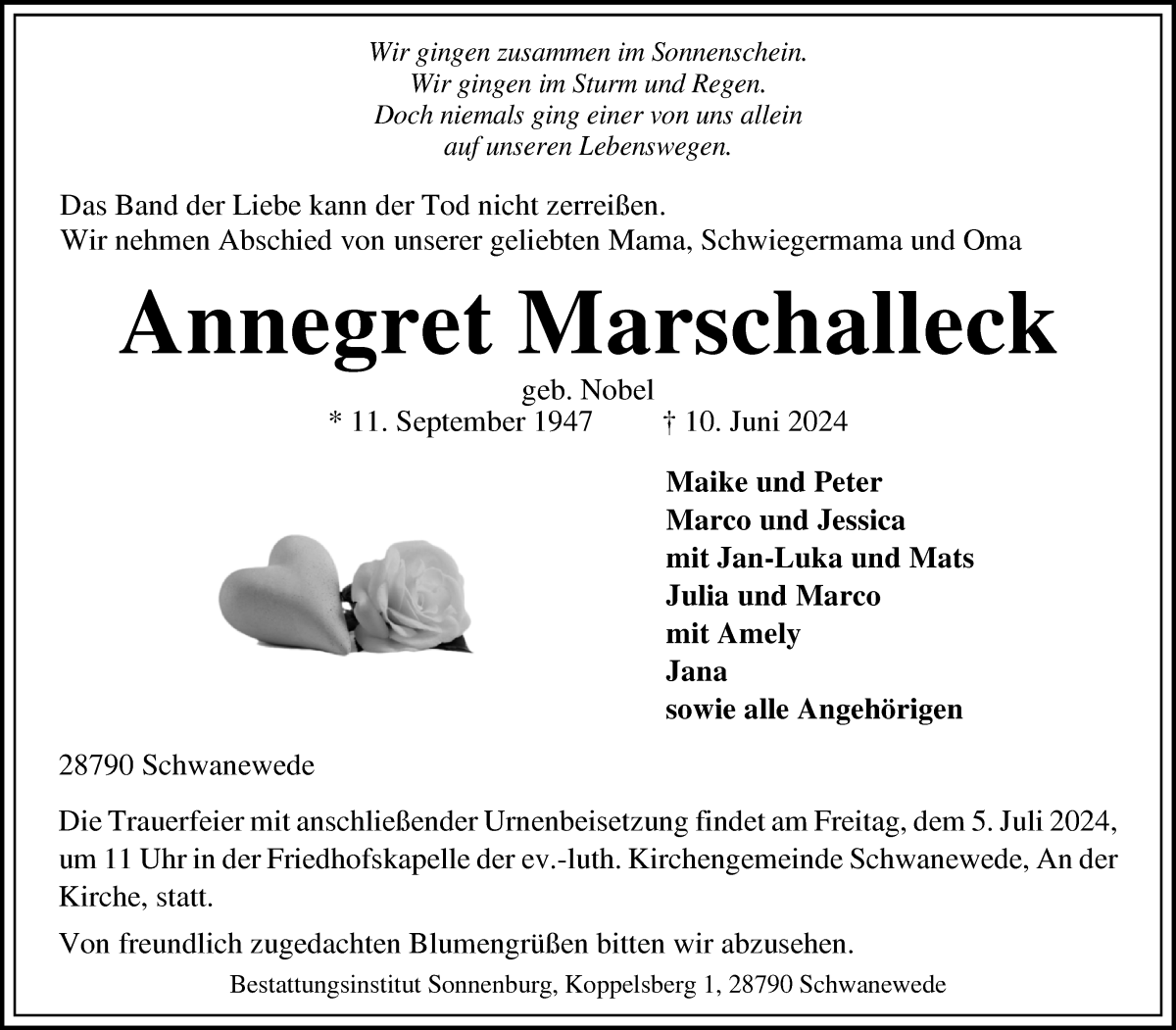 Traueranzeige von Annegret Marschalleck von Die Norddeutsche