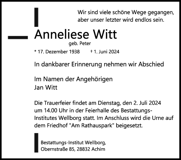 Traueranzeige von Anneliese Witt von Achimer Kurier/Verdener Nachrichten