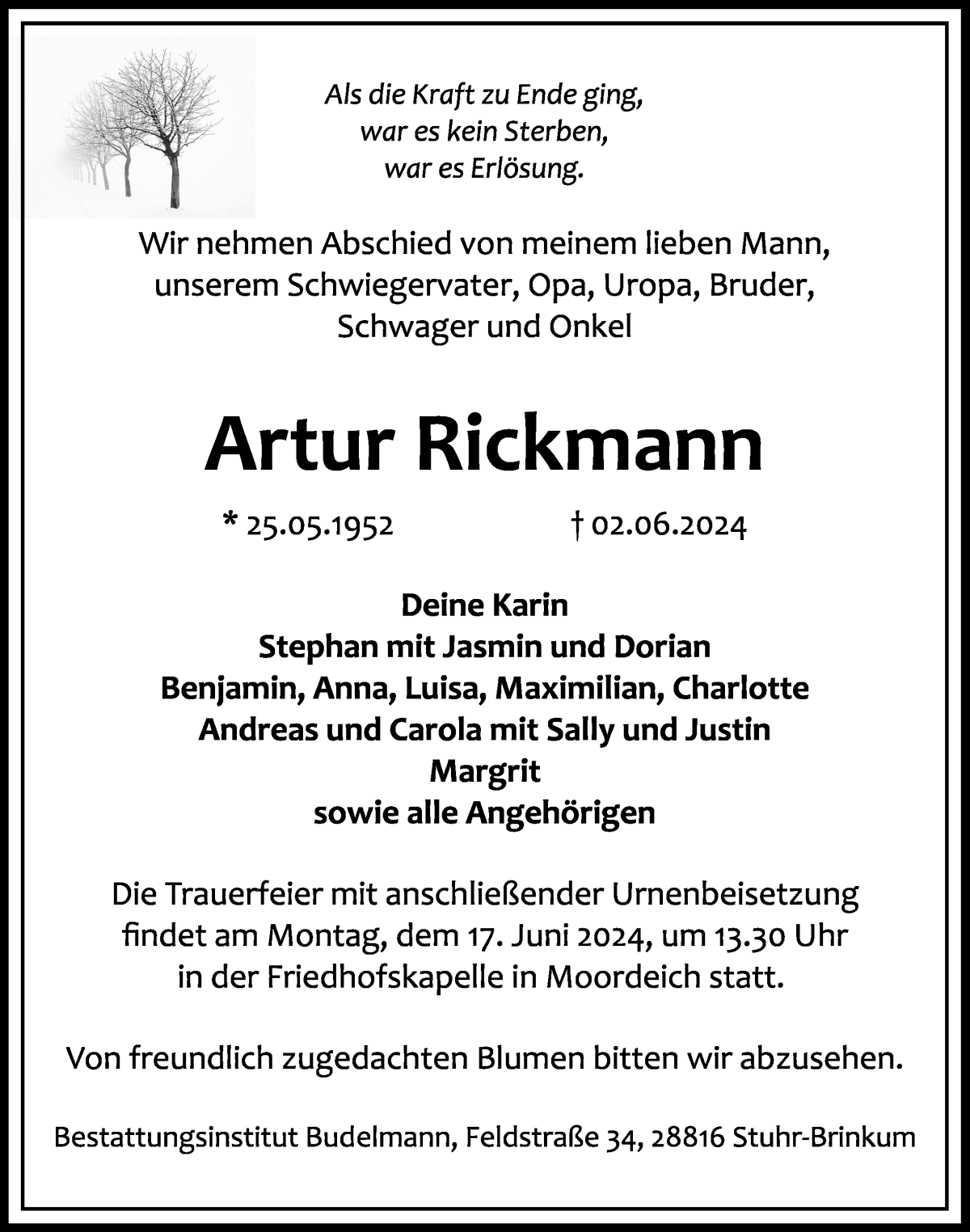  Traueranzeige für Artur Rickmann vom 08.06.2024 aus Regionale Rundschau/Syker Kurier