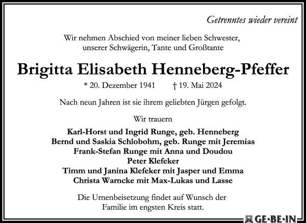 Traueranzeige von Brigitta Elisabeth Henneberg-Pfeffer von WESER-KURIER