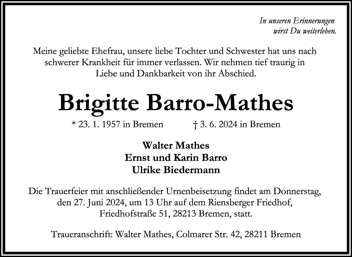 Traueranzeige von Brigitte Barro-Mathes von WESER-KURIER