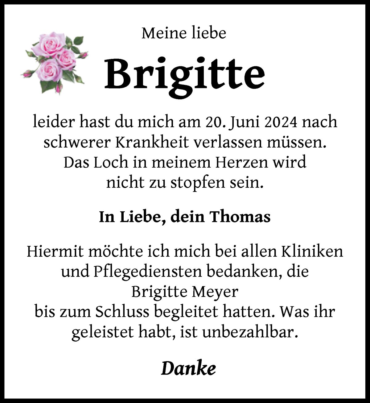  Traueranzeige für Brigitte Meyer vom 29.06.2024 aus WESER-KURIER