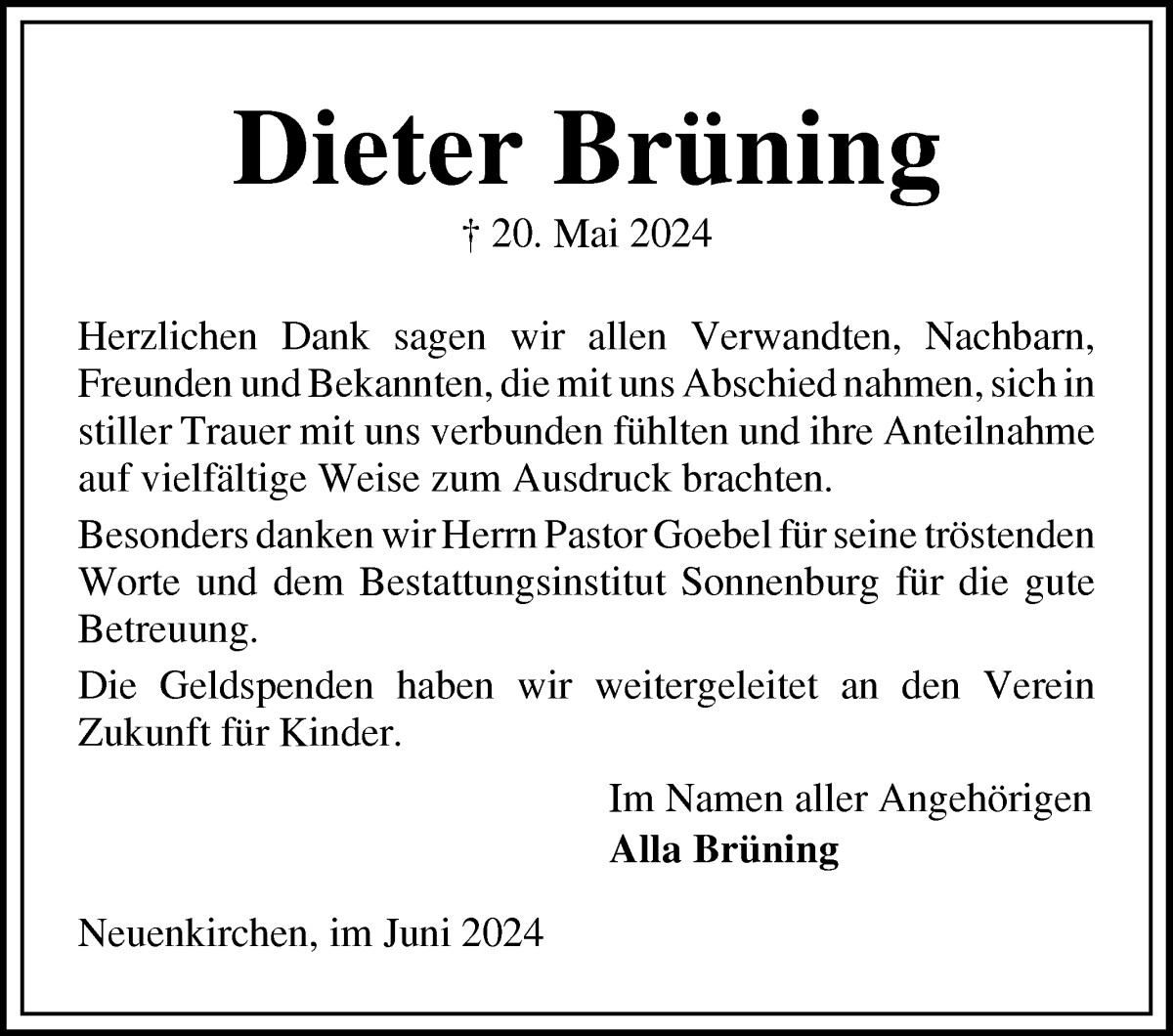 Traueranzeige von Dieter Brüning von Die Norddeutsche