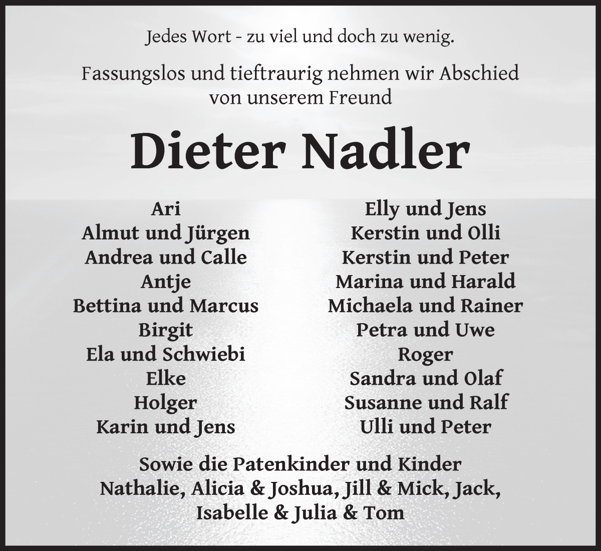  Traueranzeige für Dieter Nadler vom 15.06.2024 aus WESER-KURIER