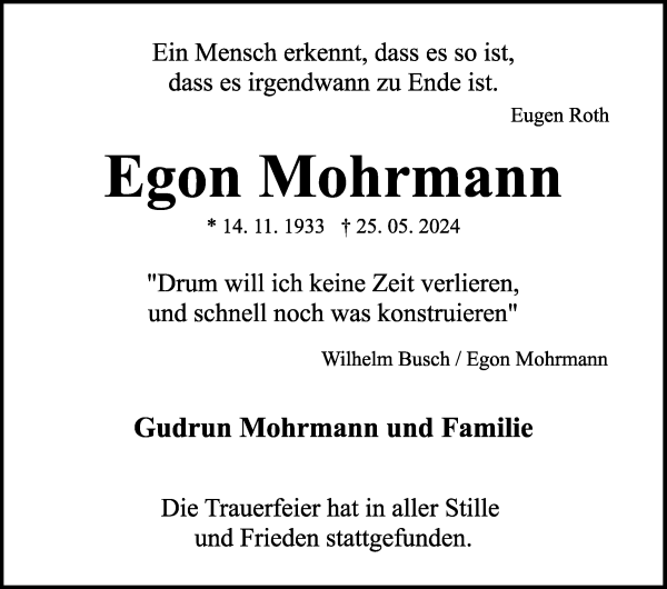 Traueranzeige von Egon Mohrmann von WESER-KURIER
