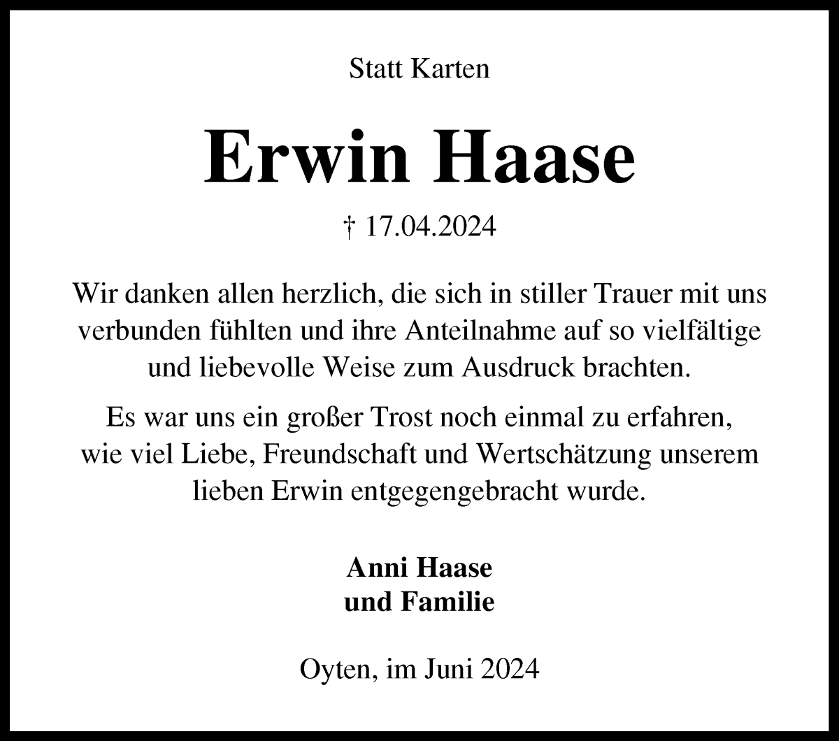 Traueranzeige von Erwin Haase von Achimer Kurier/Verdener Nachrichten