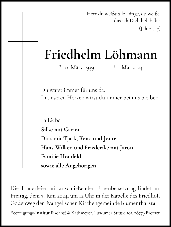 Traueranzeige von Freidhelm Löhmann von Die Norddeutsche