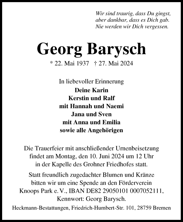 Traueranzeige von Georg Barysch von Die Norddeutsche