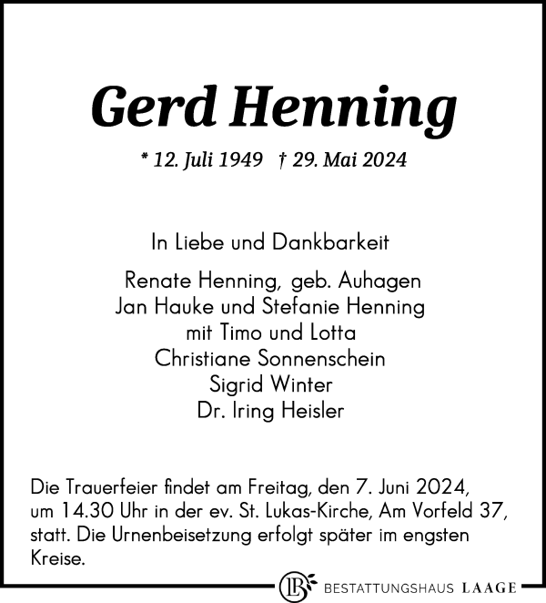 Traueranzeige von Gerd Henning von WESER-KURIER