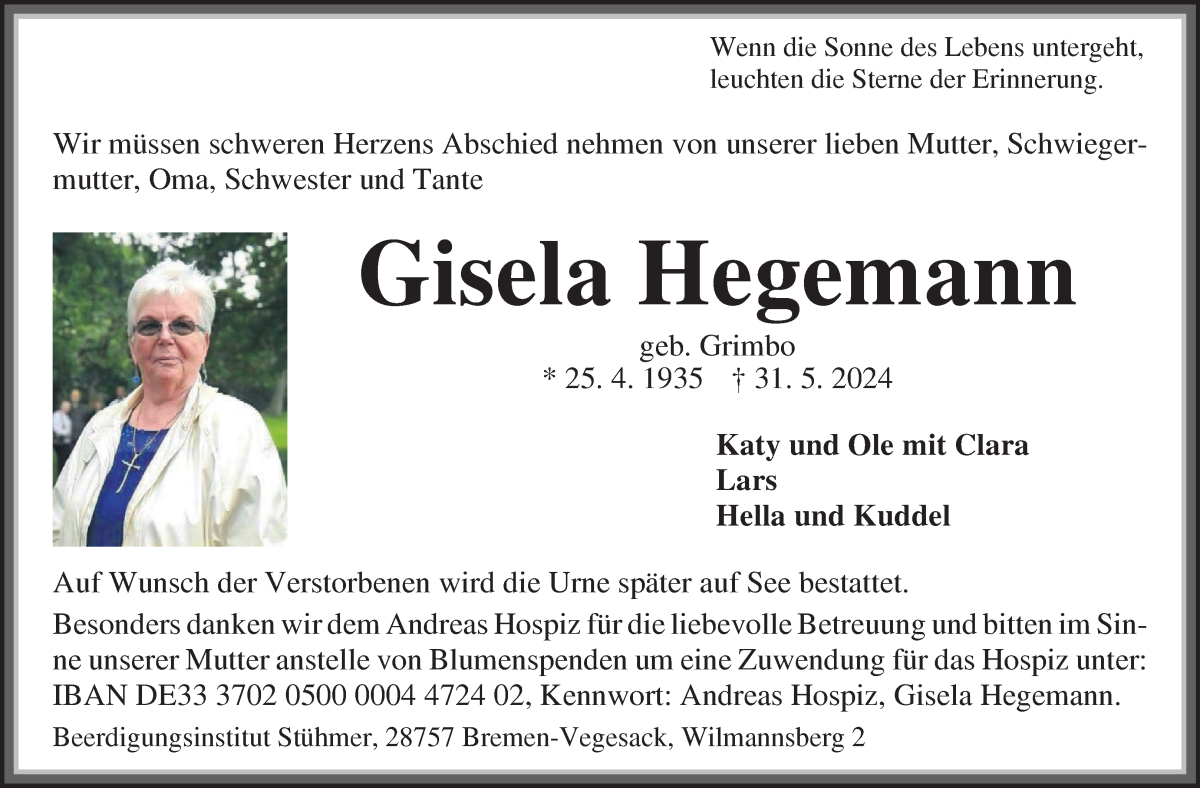  Traueranzeige für Gisela Hegemann vom 08.06.2024 aus Die Norddeutsche