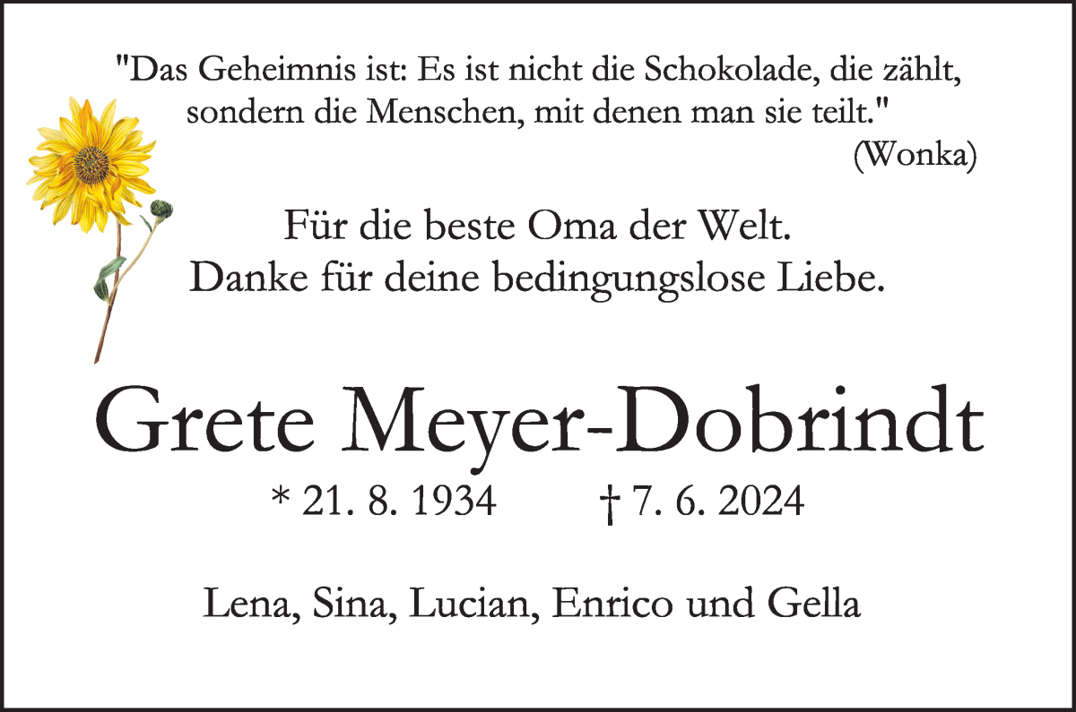  Traueranzeige für Grete Meyer-Dobrindt vom 15.06.2024 aus WESER-KURIER