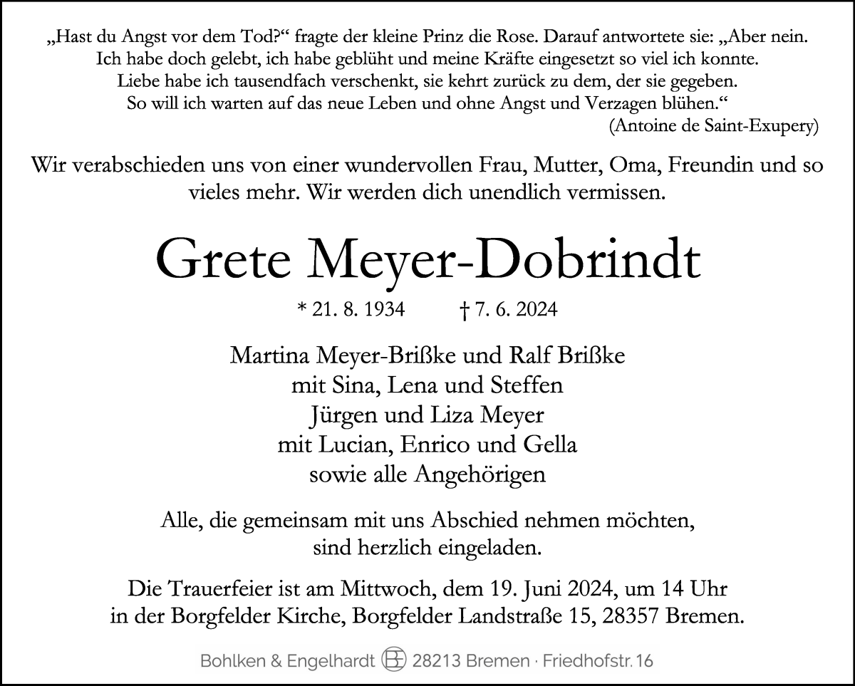  Traueranzeige für Grete Meyer-Dobrindt vom 15.06.2024 aus WESER-KURIER