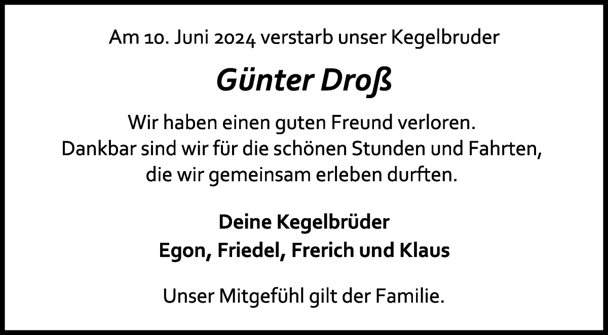  Traueranzeige für Günter Droß vom 15.06.2024 aus Die Norddeutsche