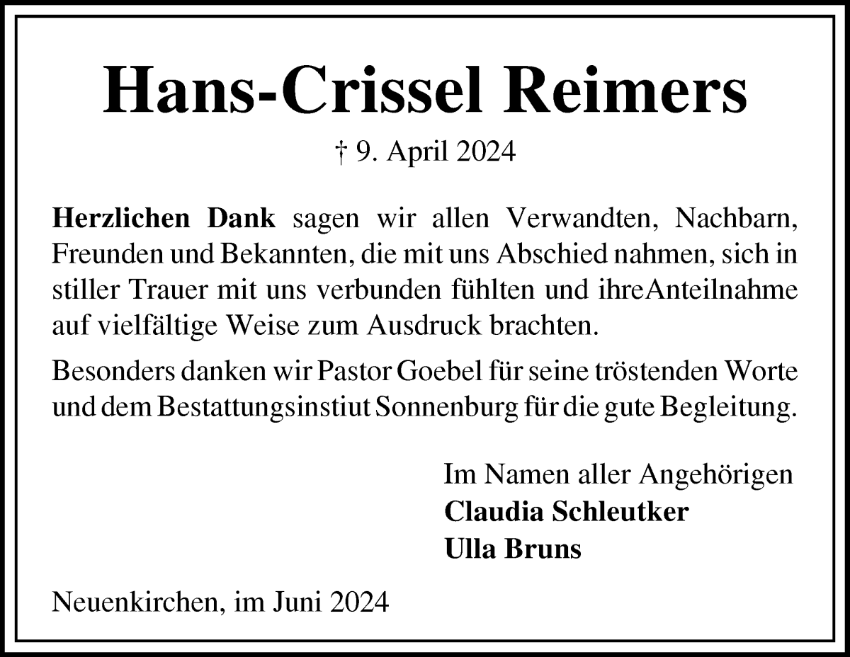 Traueranzeige von Hans-Crissel Reimers von Die Norddeutsche