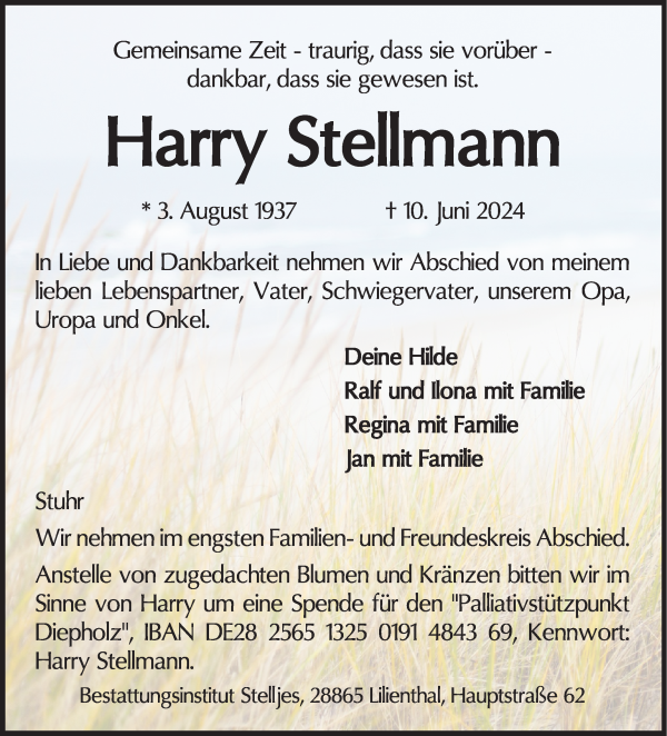 Traueranzeige von Harry Stellmann von WESER-KURIER