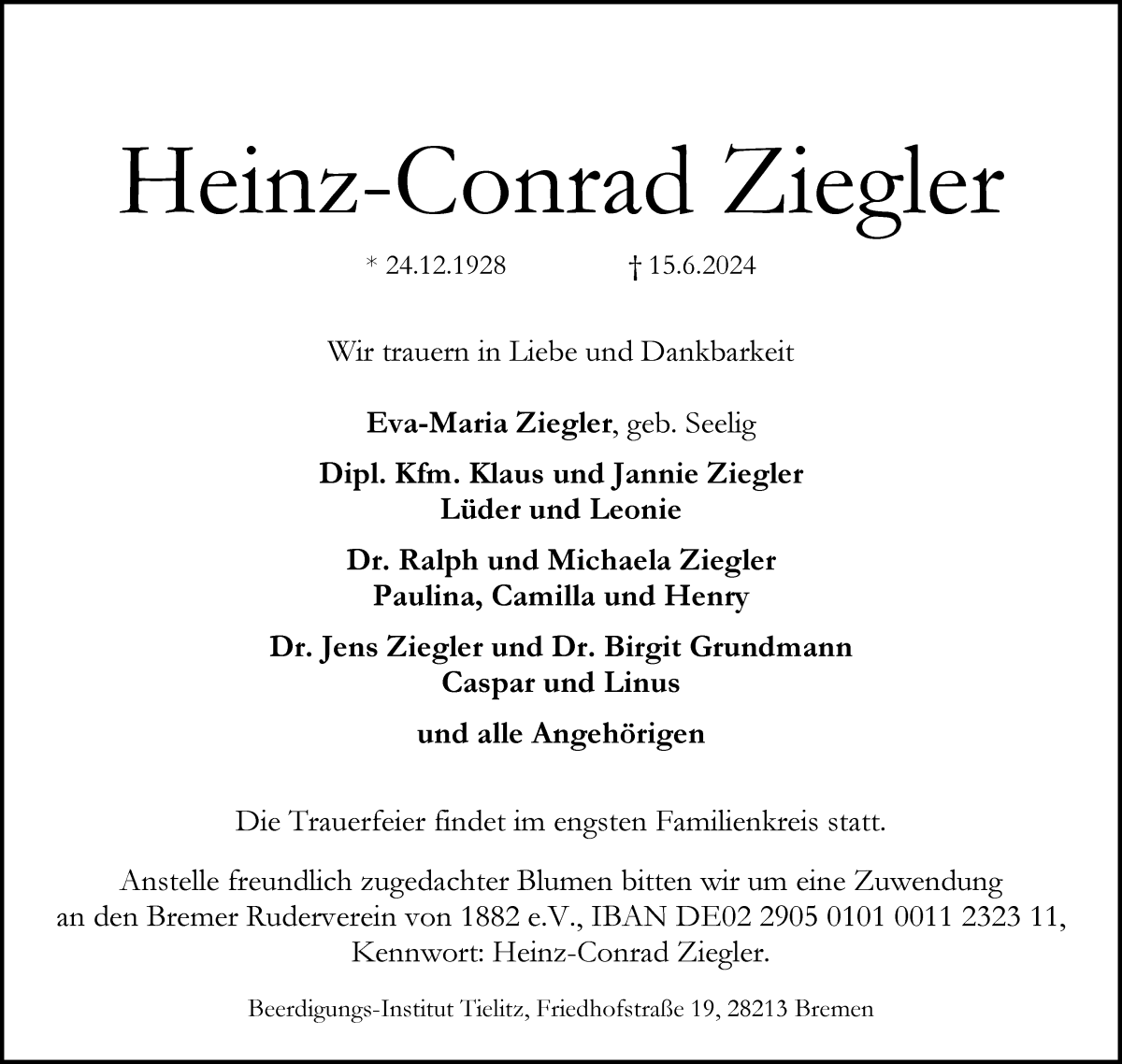 Traueranzeige von Heinz-Conrad Ziegler von WESER-KURIER