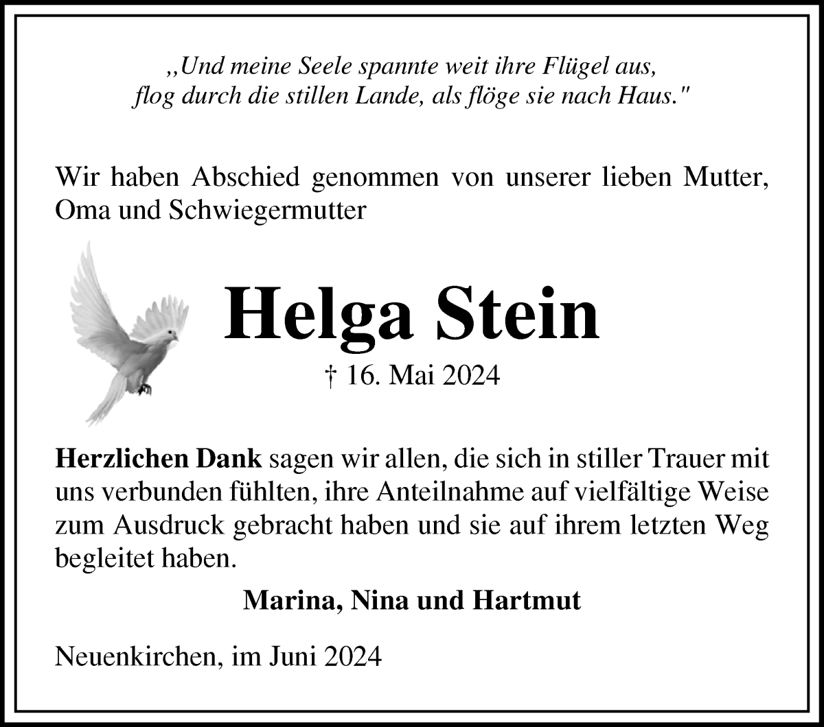 Traueranzeige von Helga Stein von Die Norddeutsche