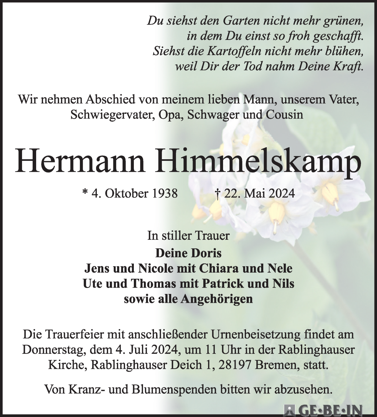 Traueranzeige von Hermann Himmelskamp von WESER-KURIER