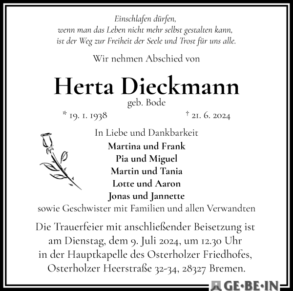 Traueranzeige von Herta Dieckmann von WESER-KURIER