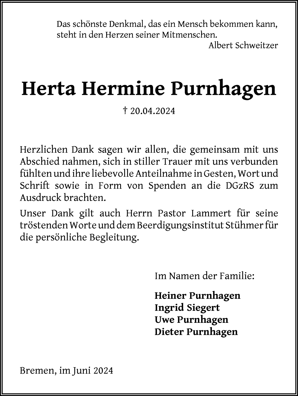 Traueranzeige von Herta Hermine Purnhagen von Die Norddeutsche