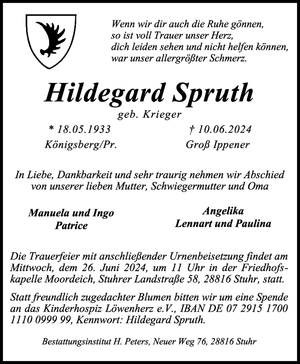 Traueranzeige von Hildegard Spruth von Regionale Rundschau/Syker Kurier