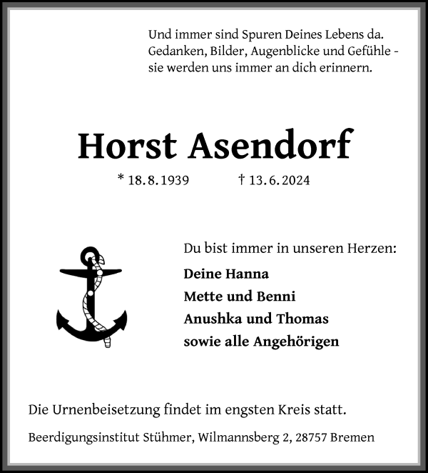 Traueranzeige von Horst Asendorf von Die Norddeutsche