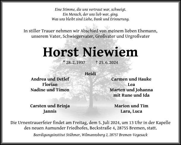 Traueranzeige von Horst Niewiem von Die Norddeutsche