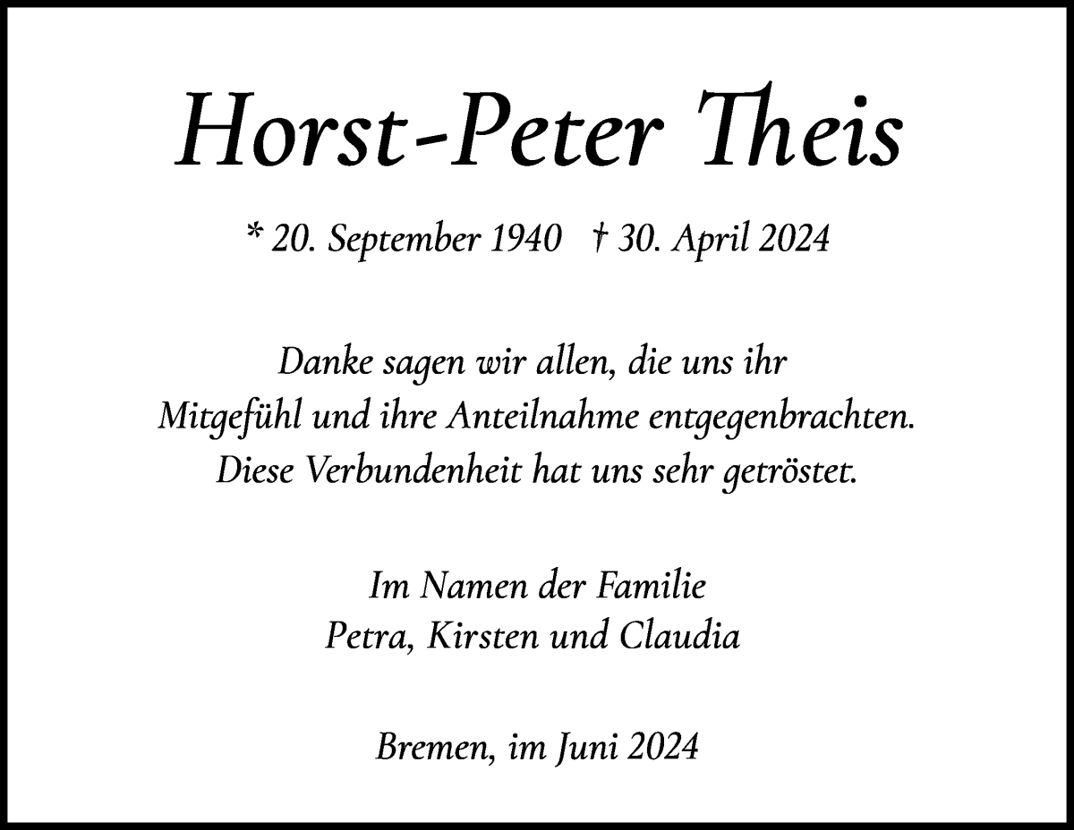 Traueranzeige von Horst-Peter Theis von WESER-KURIER