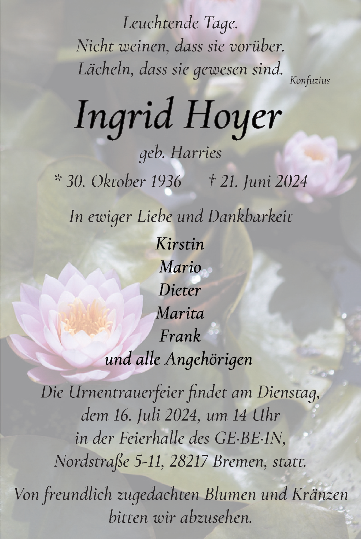 Traueranzeige von Ingrid Hoyer von WESER-KURIER