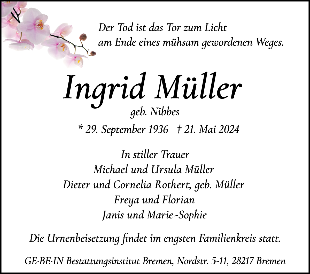 Traueranzeige von Ingrid Müller von WESER-KURIER