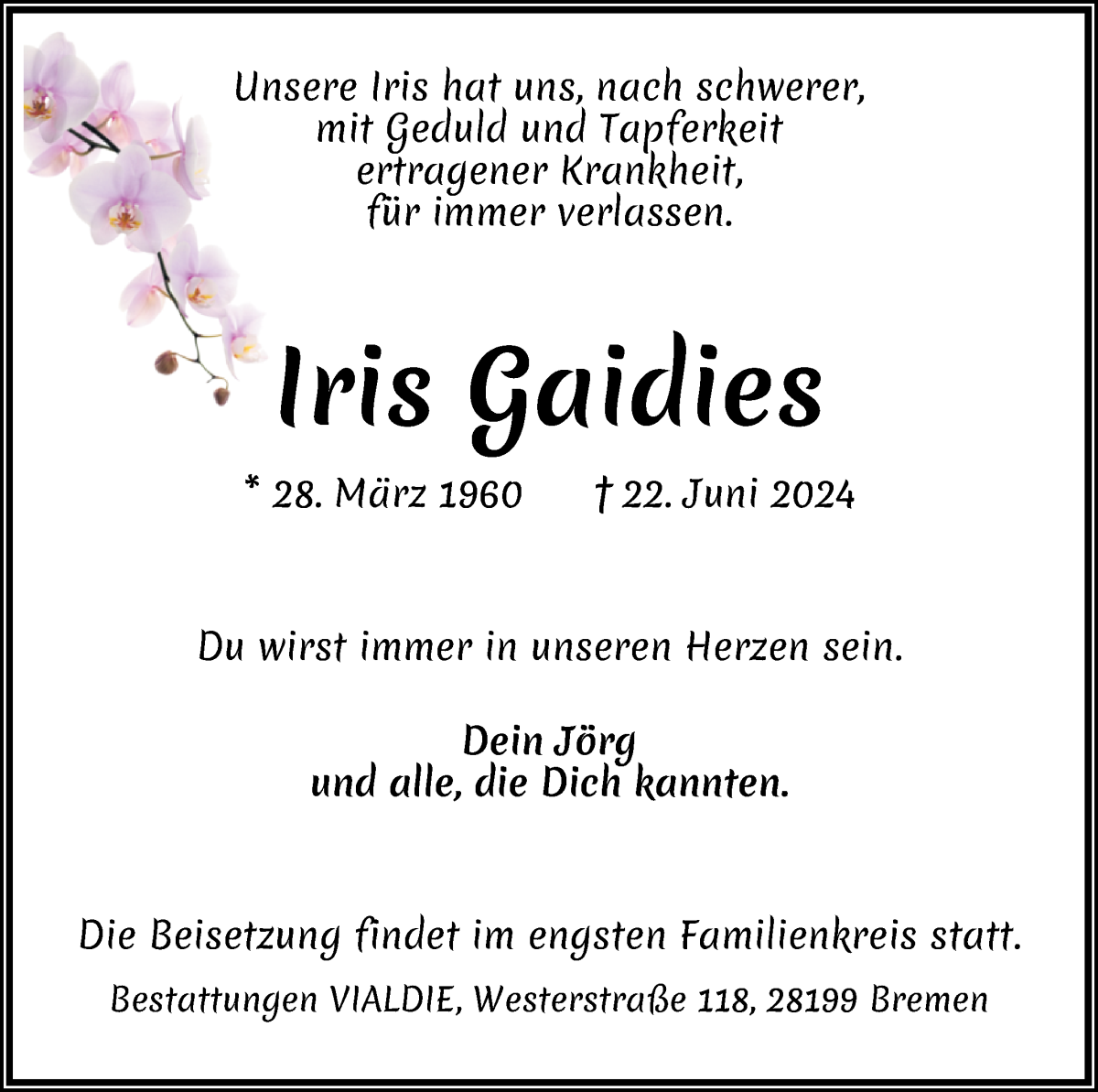  Traueranzeige für Iris Gaidies vom 29.06.2024 aus WESER-KURIER